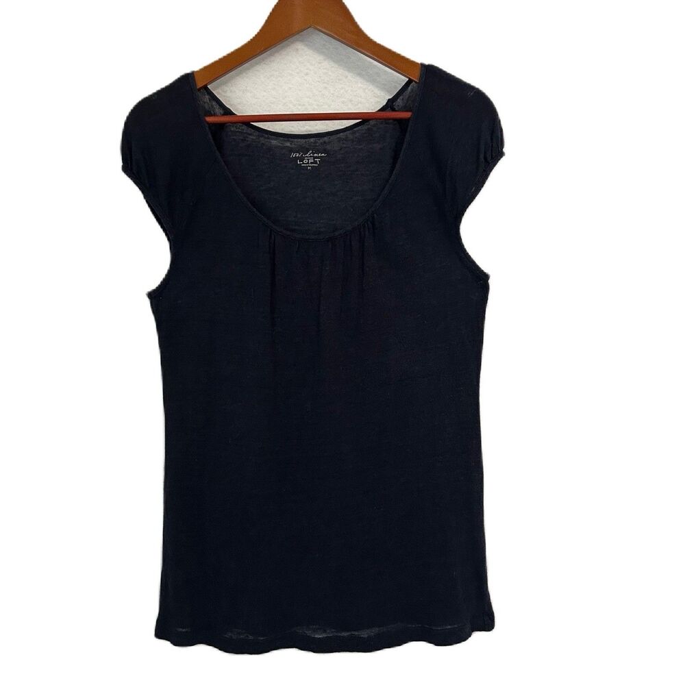 Ann Taylor Loft Top Women M Navy Linen Rouching Tank Cap Sleeve Cottage Casual
